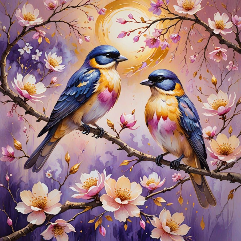 Vibrant Oil Painting of Birds on a Blossoming Branch