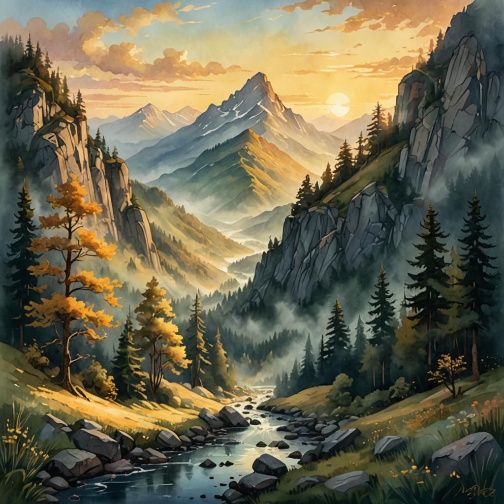 Dreamy Mountain Range at Dawn in Watercolor Style