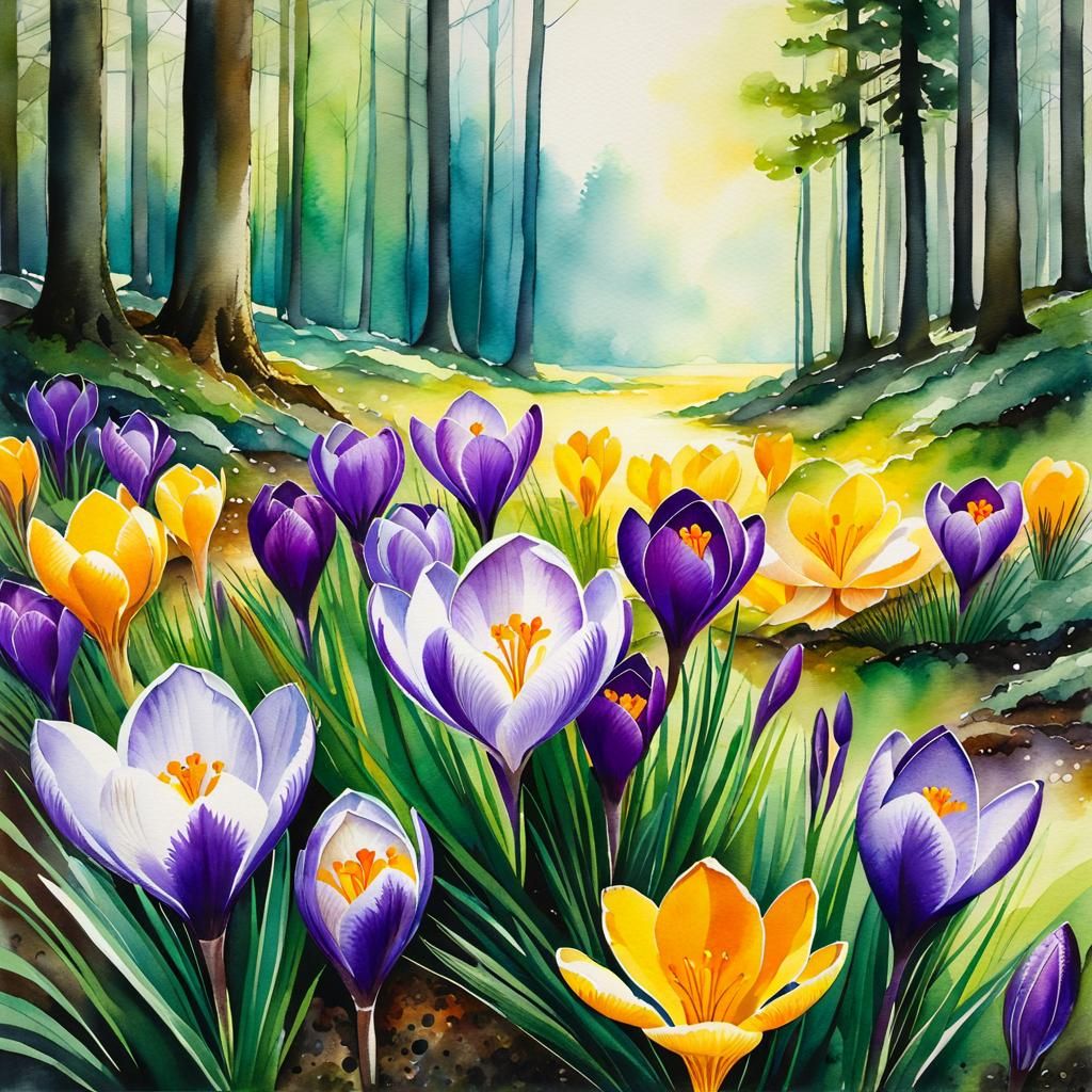 Spring Forest Glen in Watercolor with Golden Ink