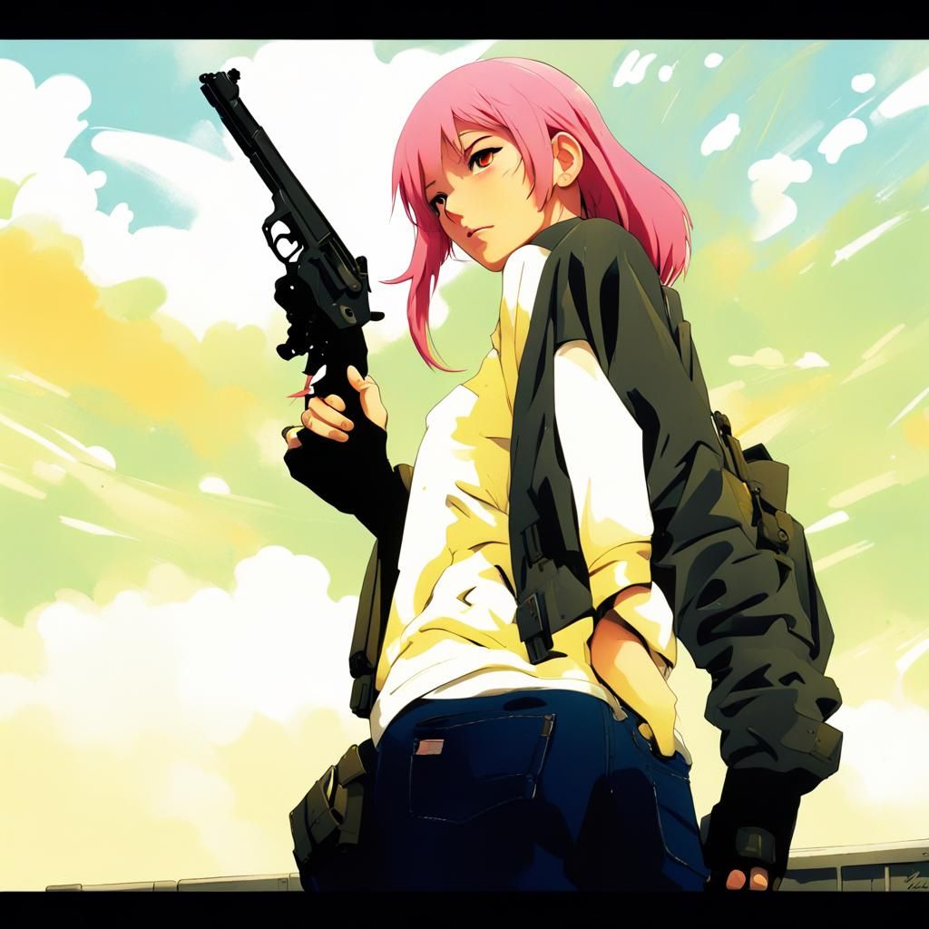 Pink-Haired Girl with Pistol in Anime Style