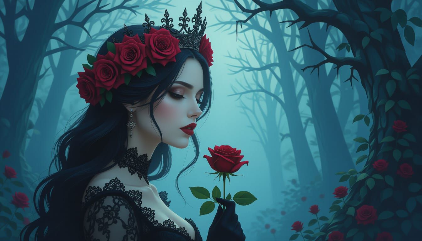 Gothic Woman with Rose Crown in Moonlit Forest