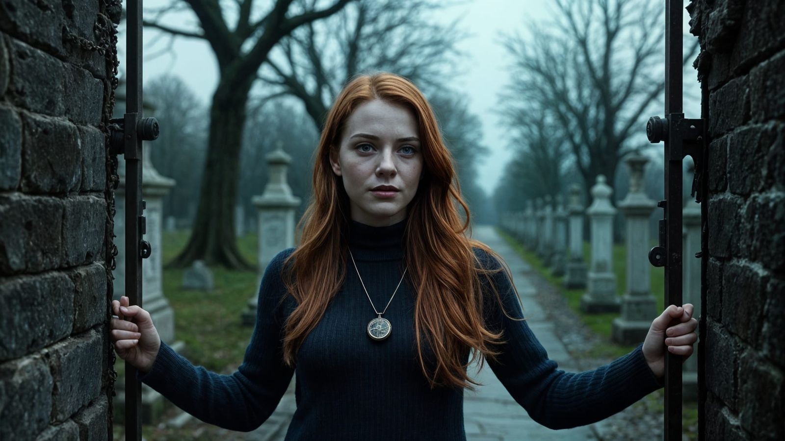 Dr. Emma Carter at Graveyard Gates in Hyperrealism