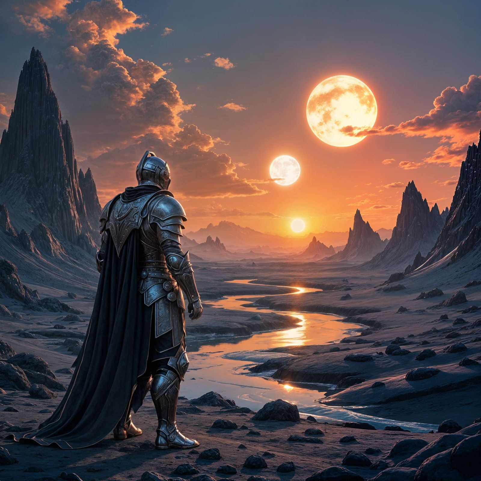Knight on Alien Planet Gazing at Binary Sunset