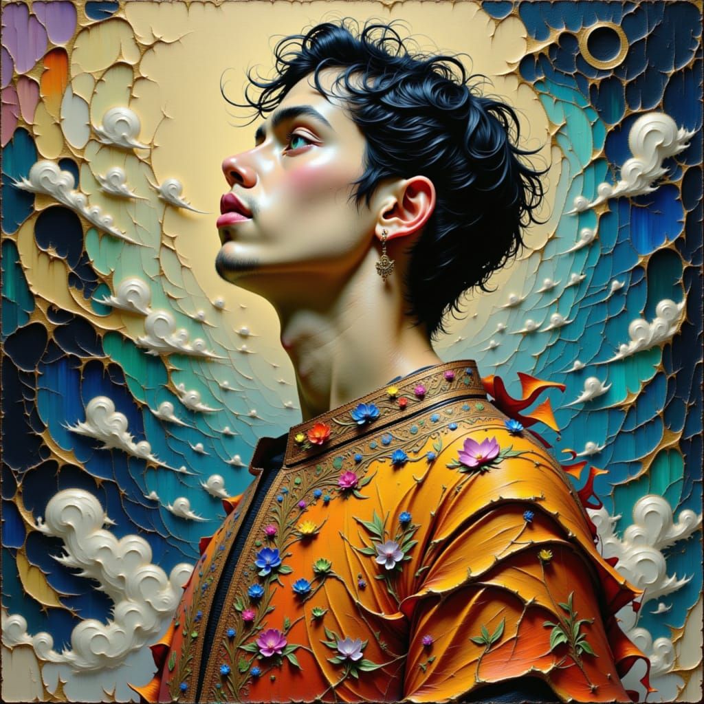 Contemplative Man in Swirling Clouds, Surrealist Style