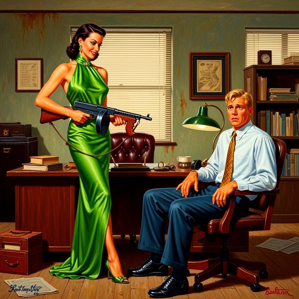 Film Noir Woman with Thompson Submachine Gun