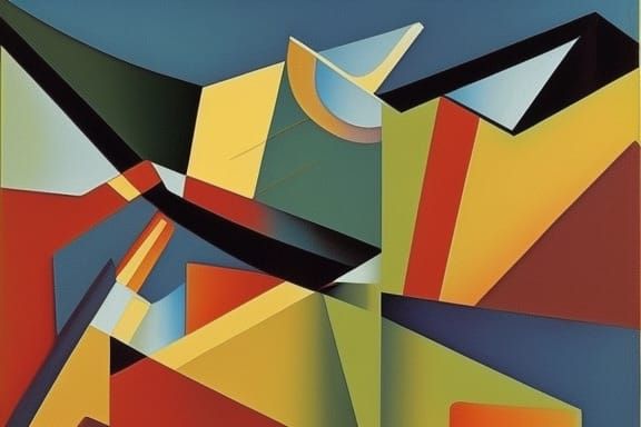 Cubist Mother in Mountain Landscape with Waterfalls