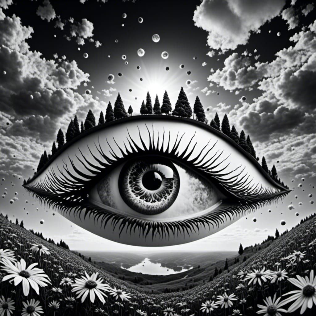 Surreal Eye in Black and White Fantasy Sky