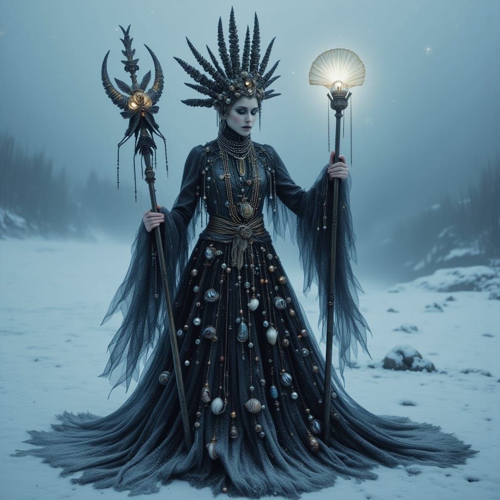 Ethereal Shell Goddess Reigns in Celestial Tundra
