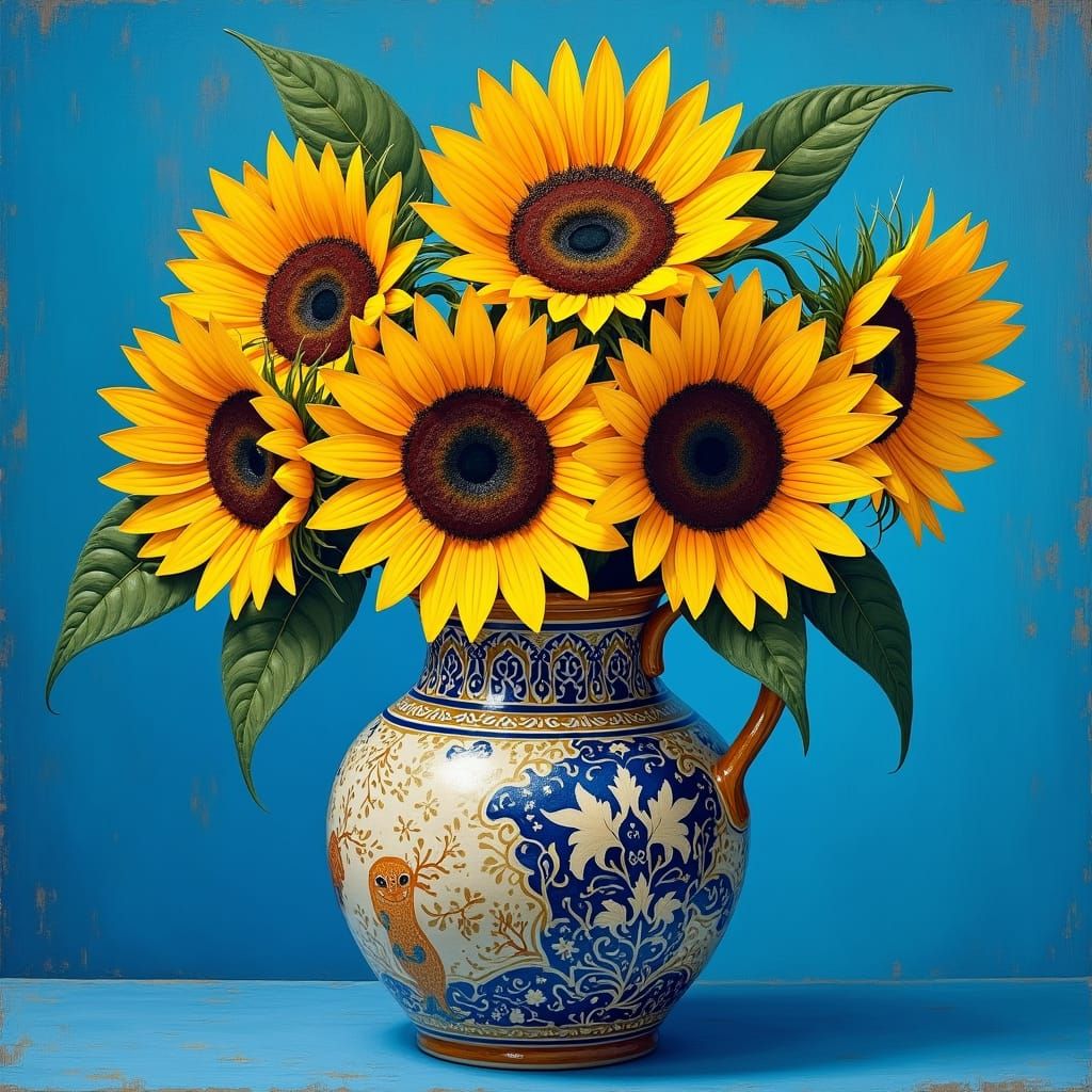 Sunflowers in Vase: A Fusion of Art Styles