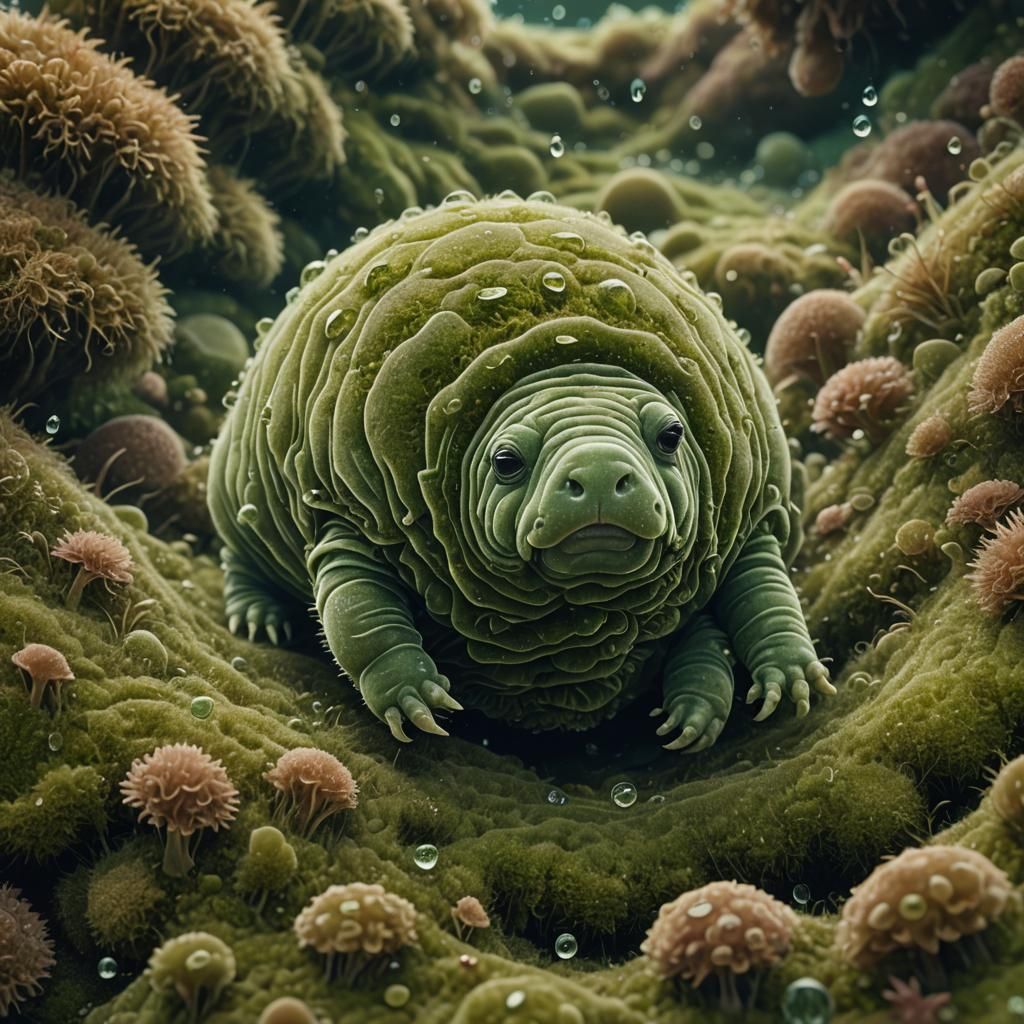 Tardigrade in Moss: Microscopic Digital Illustration