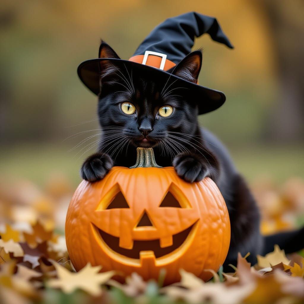 Black Cat Celebrates Halloween with Pumpkin