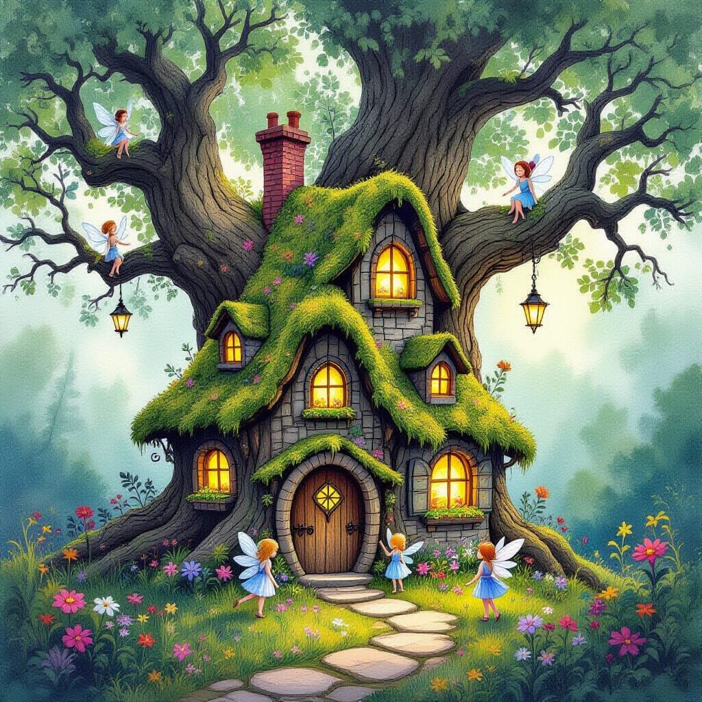 Whimsical Fairy Village in Ancient Oak, Abstract Expressioni...