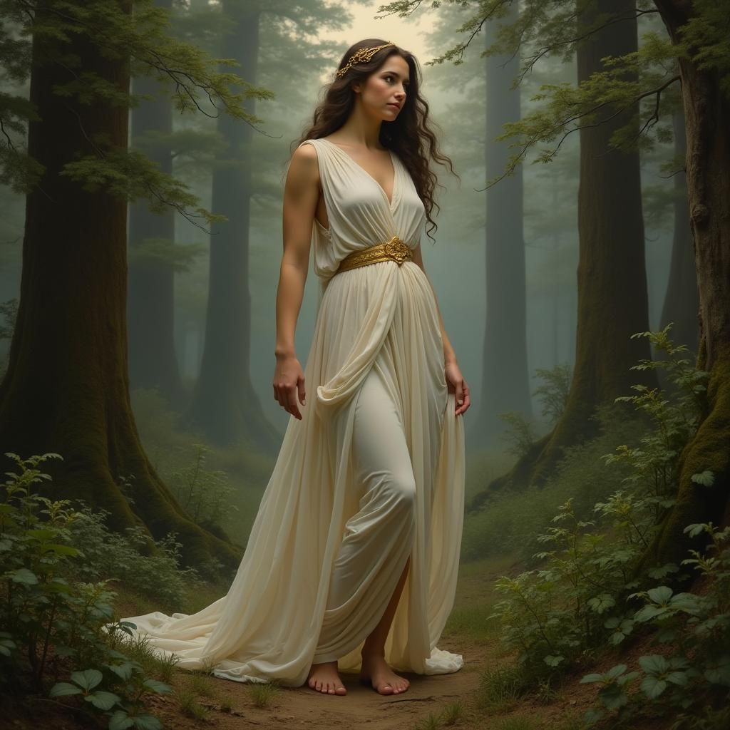Artemis in Moonlit Forest: Classical Painting