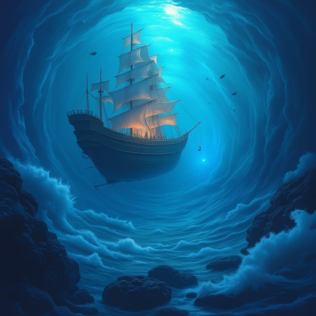 Cosmic Astral Illustration of Ship Amidst Sparkling Waves