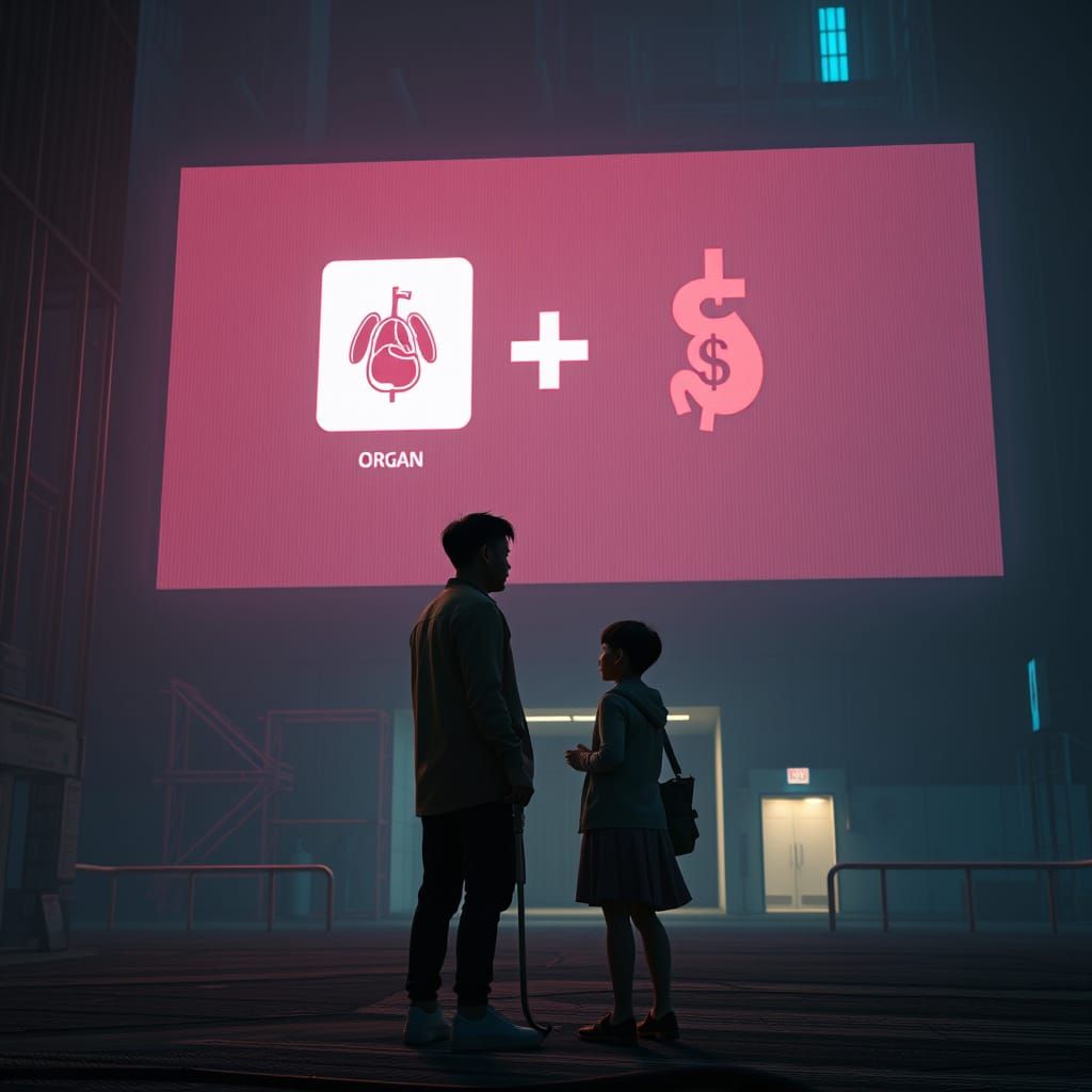 Dystopian Organ Trade Scene in Dark 3D Style
