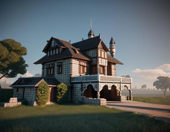 Futuristic Medieval Castle in Suburbs, Sci-Fi Render