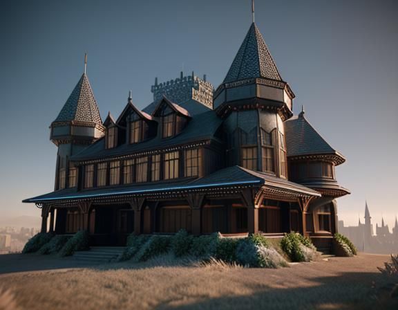 Futuristic Medieval Castle in Suburbs, 3D Render