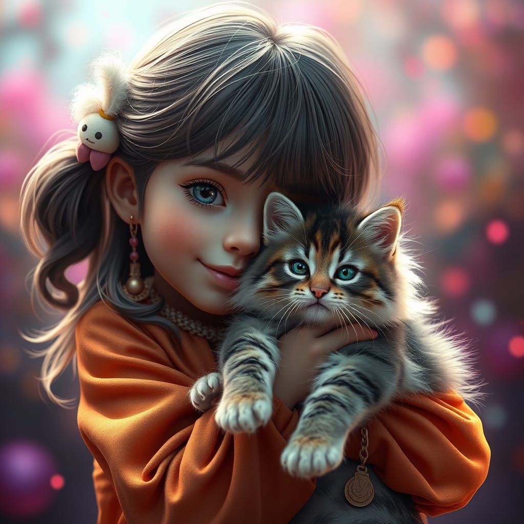 Sweet Girl and Kitten in Vibrant Fantasy Concept Art