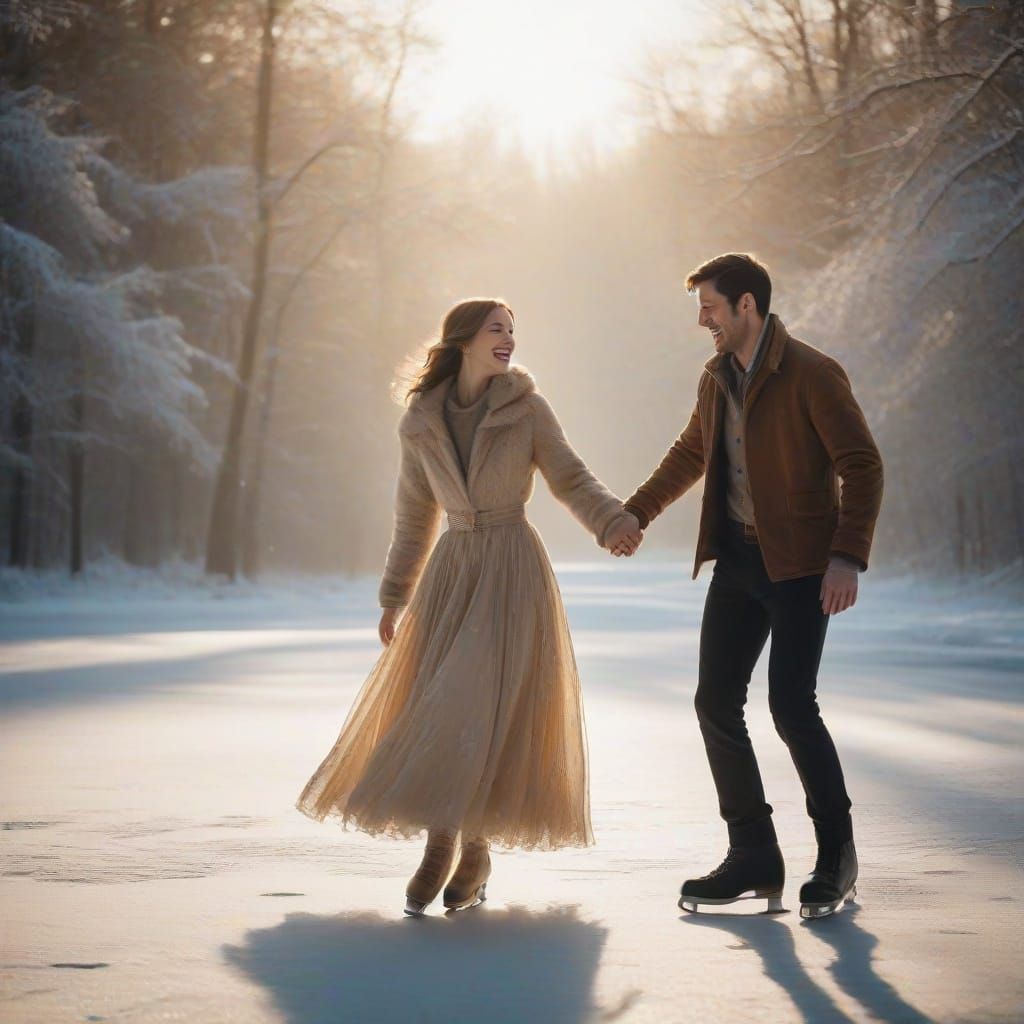 Elegant Winter Ice Skaters in Golden Glow