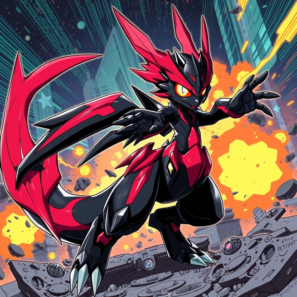 Cyberpunk Android Digimon in Anime Key Visual Style