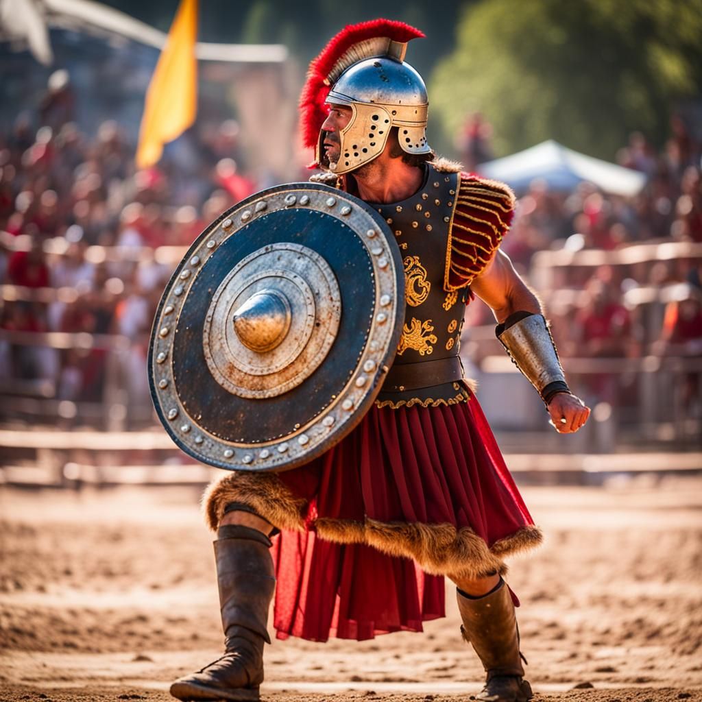 Roman Gladiator in Circus Surrounded by Lions