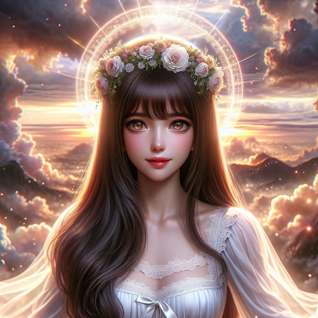 Ethereal Woman with Flower Crown at Sunset