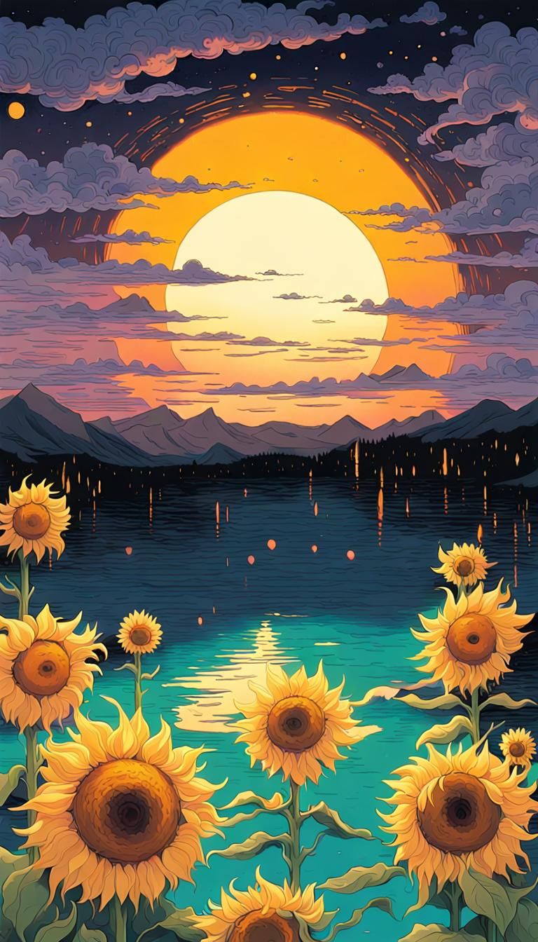 Surreal Sunflower Sunset in Anime Style