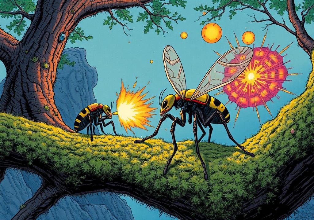 Robot Insects Fight: Moebius-Style Sci-Fi Illustration