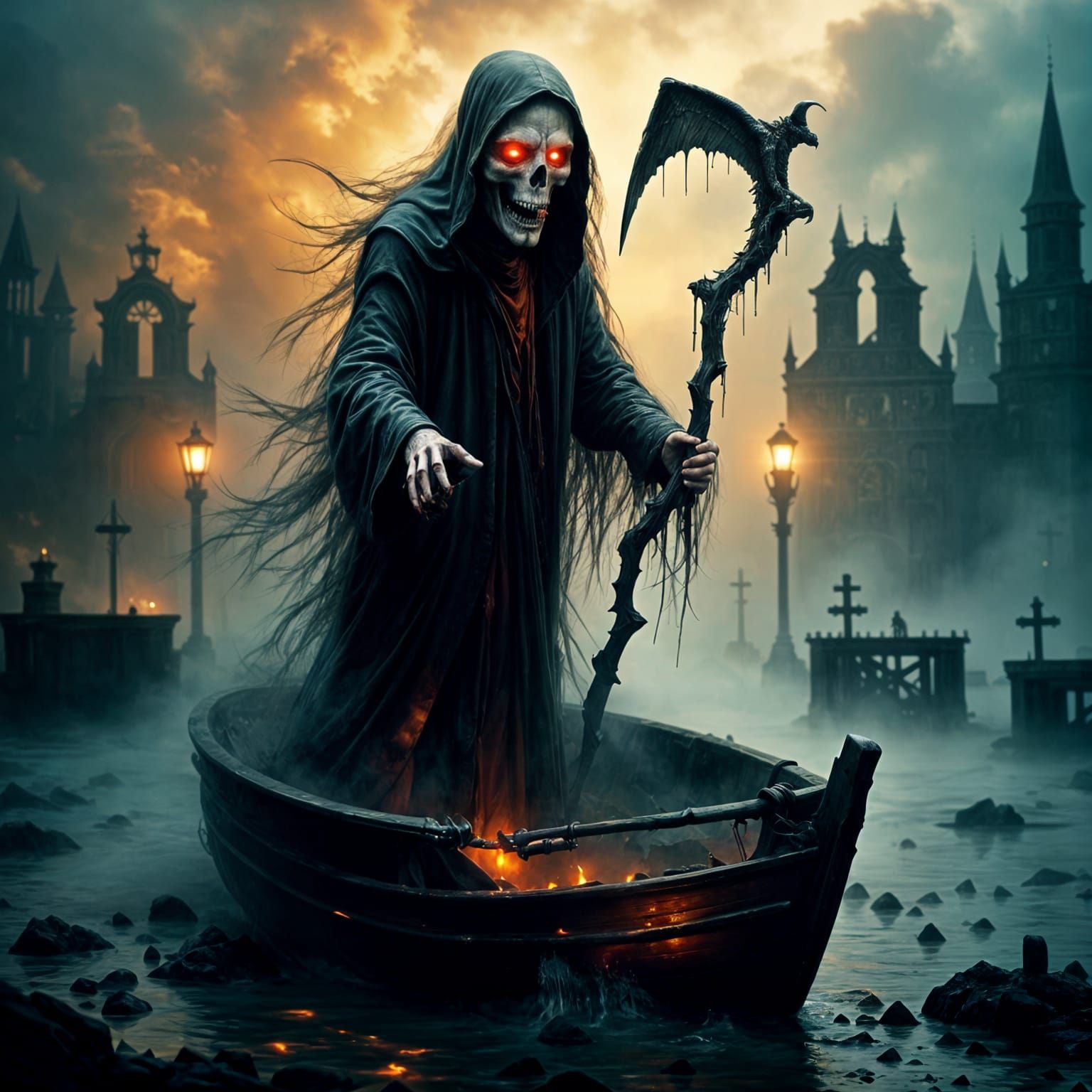 Grim Reaper Ferryman on Misty River