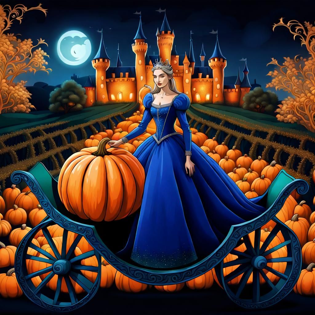 Fantasy Princess Rides Pumpkin Carriage at Night