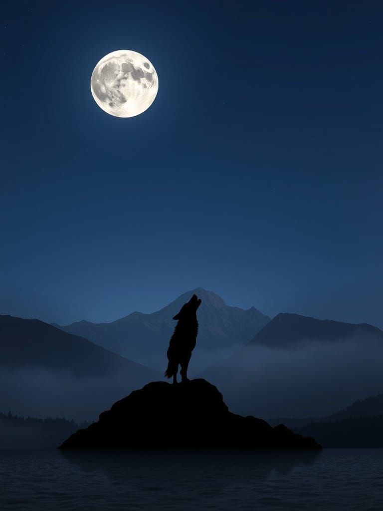Dierwolf Howling at Moon Over Mountain Lake