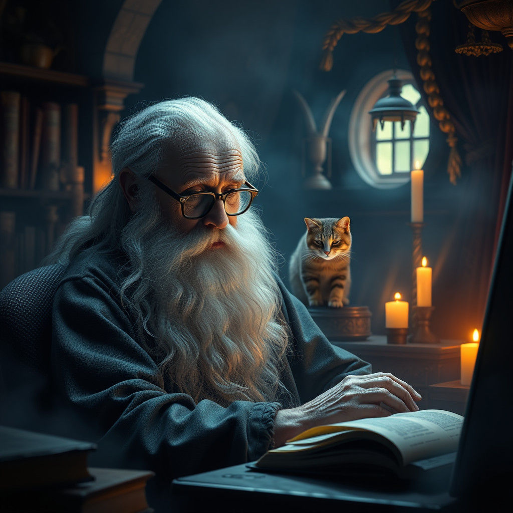 Enchanting Old Man With Cat in Dreamlike Chamber