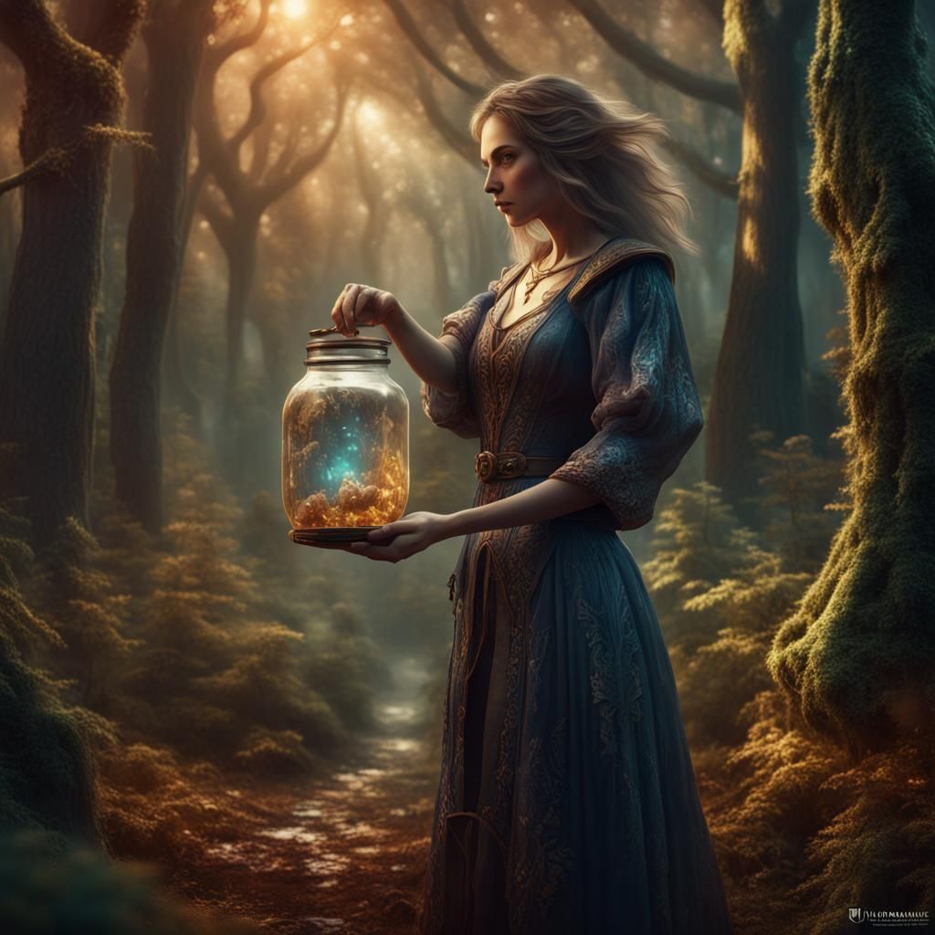 Enchantress in Glass Jar: Forest Fantasy Art