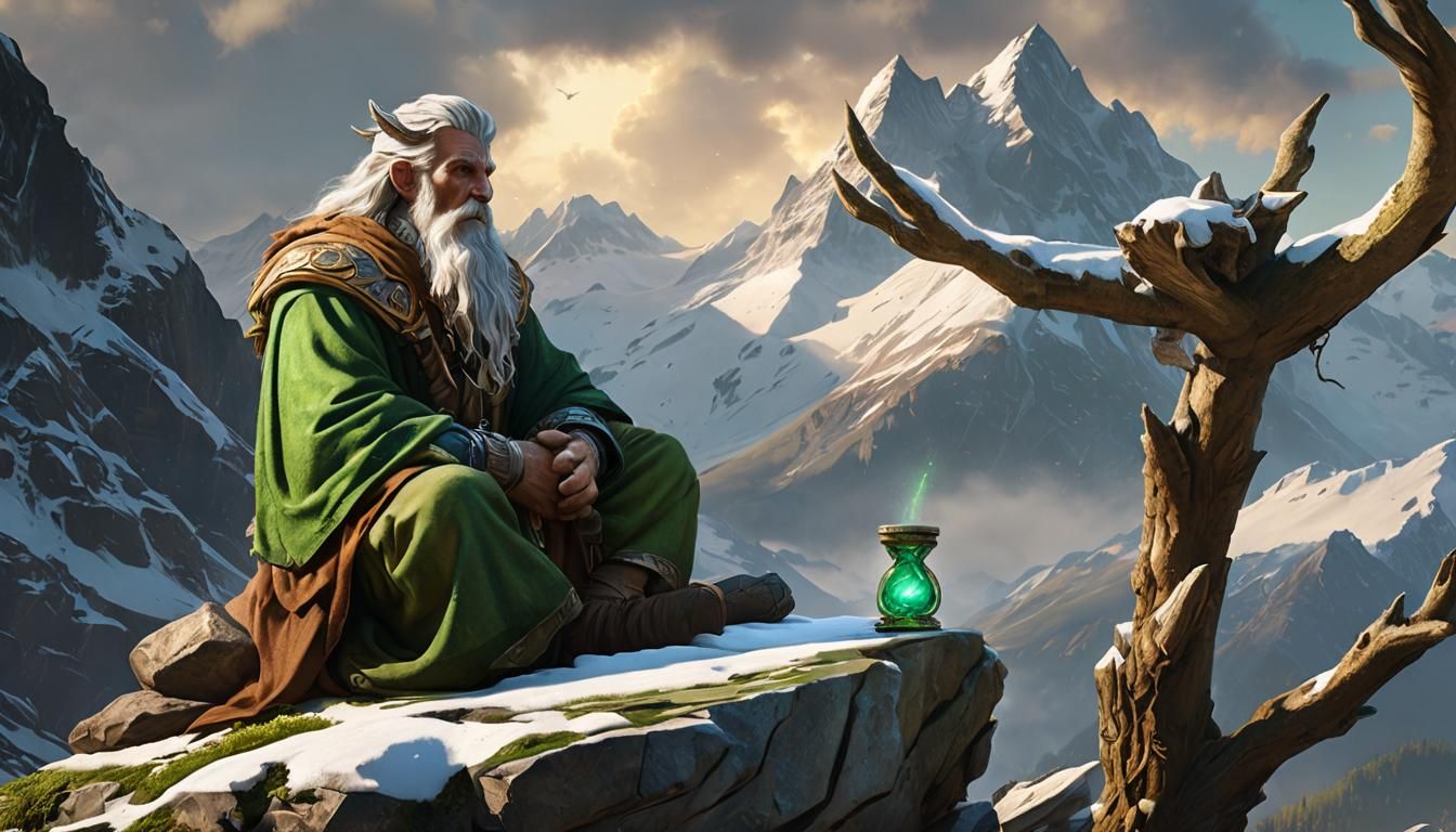 Druid in Snowy Mountains, Hyper-Realistic Digital Art