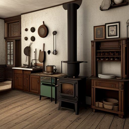 1900s Wood-Fired Kitchen Stove, Expressionist Matte Painting