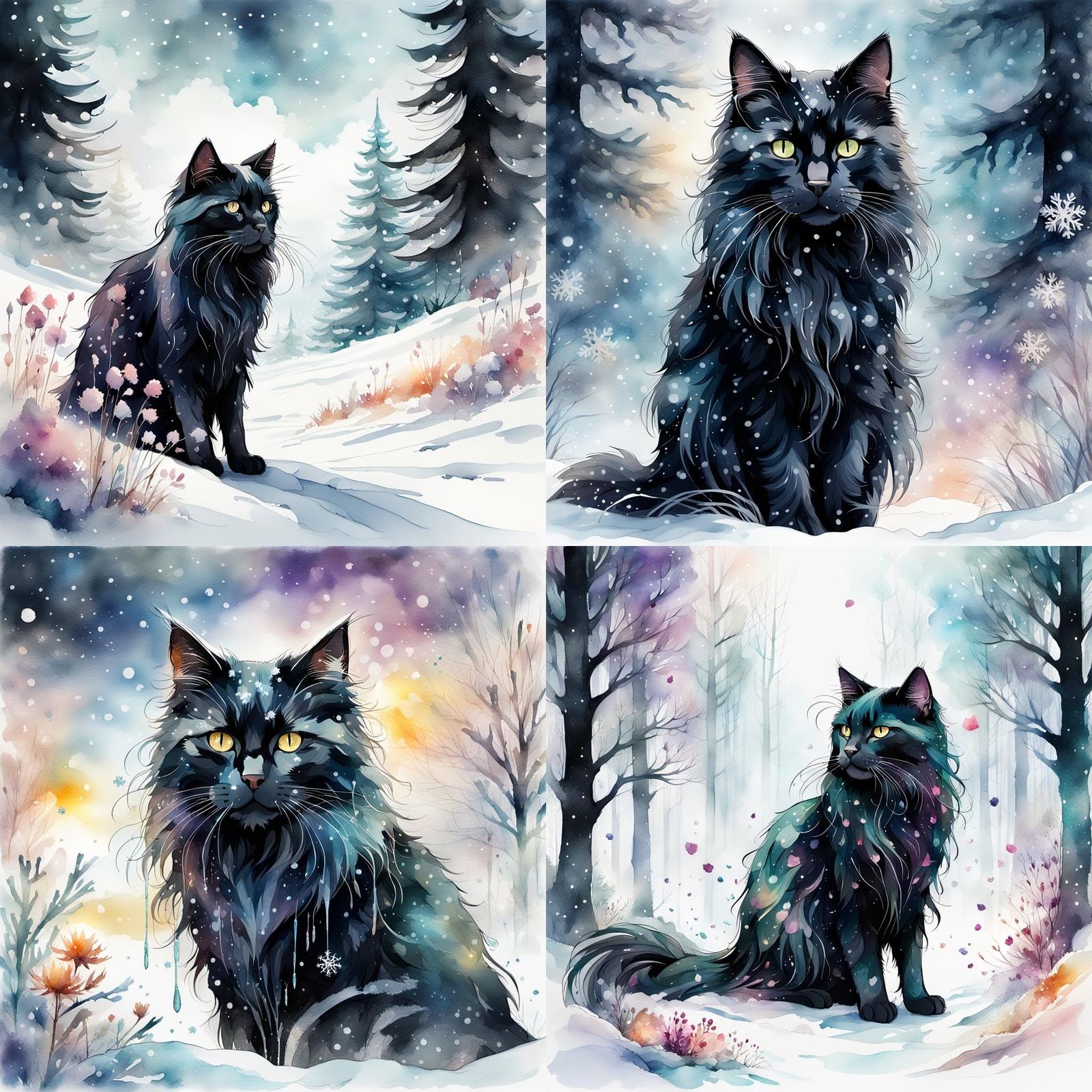 Black Cat in Winter Wonderland: Watercolor Art