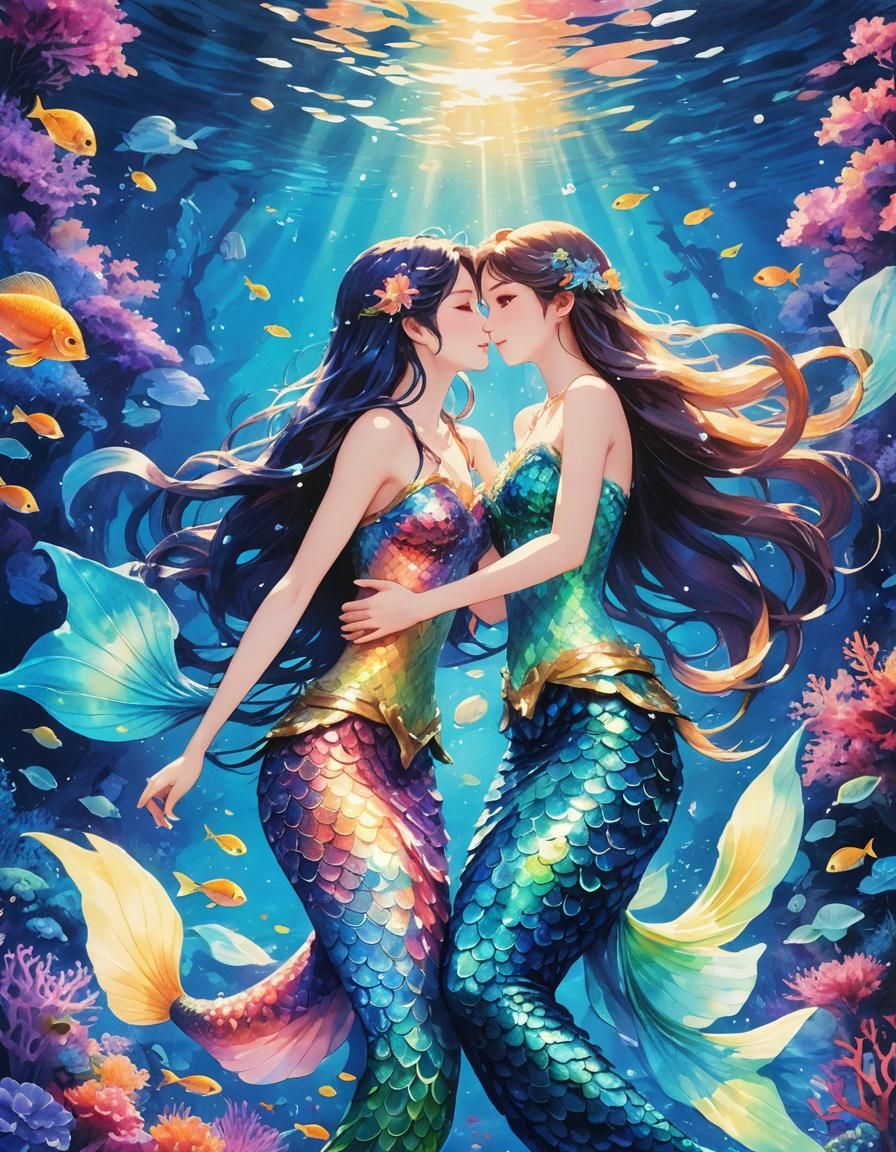 Mermaids in Love: Psychedelic Vaporwave Sea Art