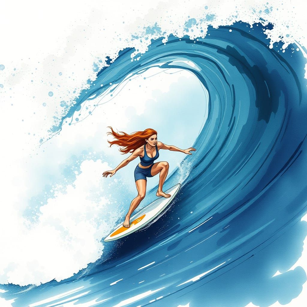 Elegant Woman Riding a Towering Wave in Vibrant Brushstrokes