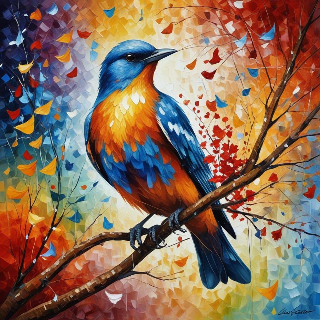 Blue Bird Singing Music Notes in a Vibrant Red Tree