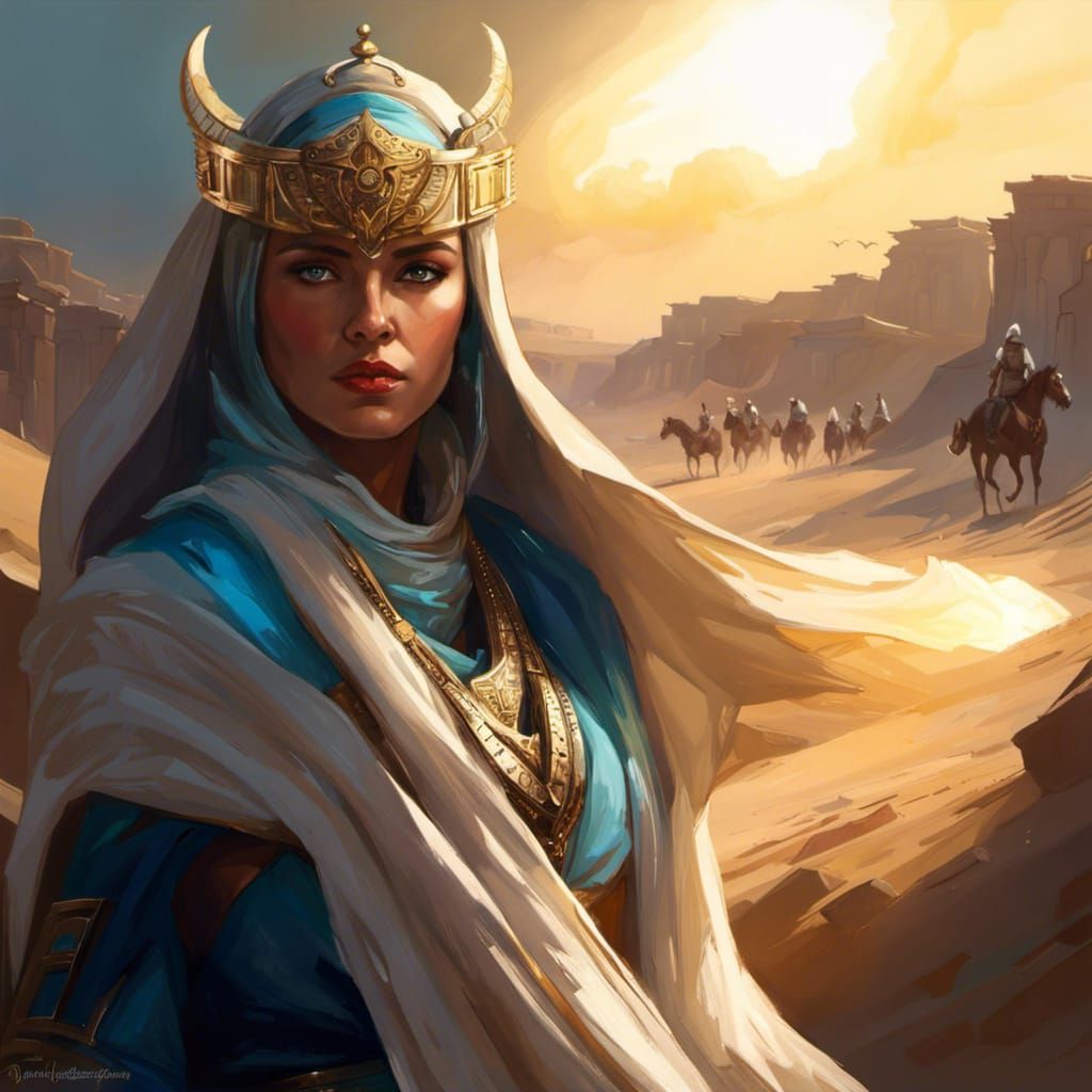 fantasy desert warrior topping sand dune leading pack animal, white robes head scarf, ancient ruins, splash art Clint Ce...