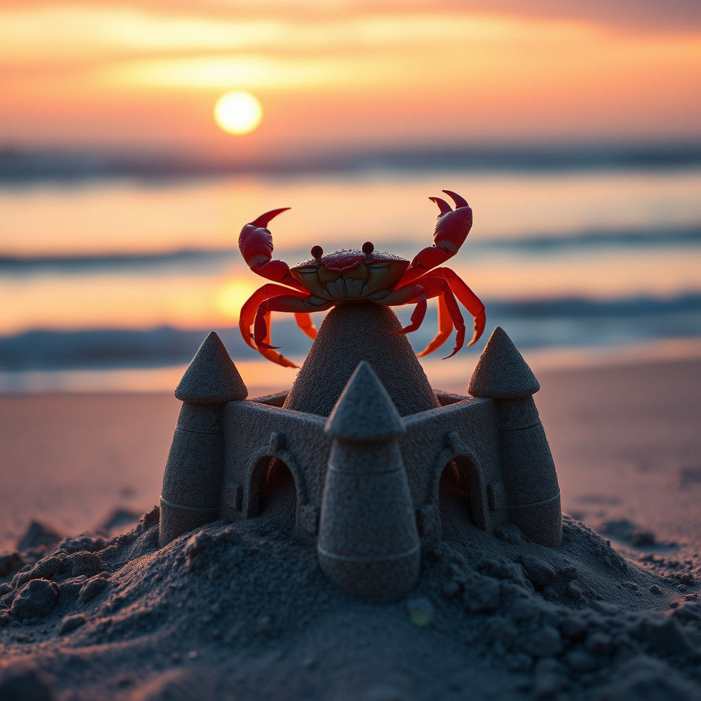 Red Crab King on Sandcastle at Dawn