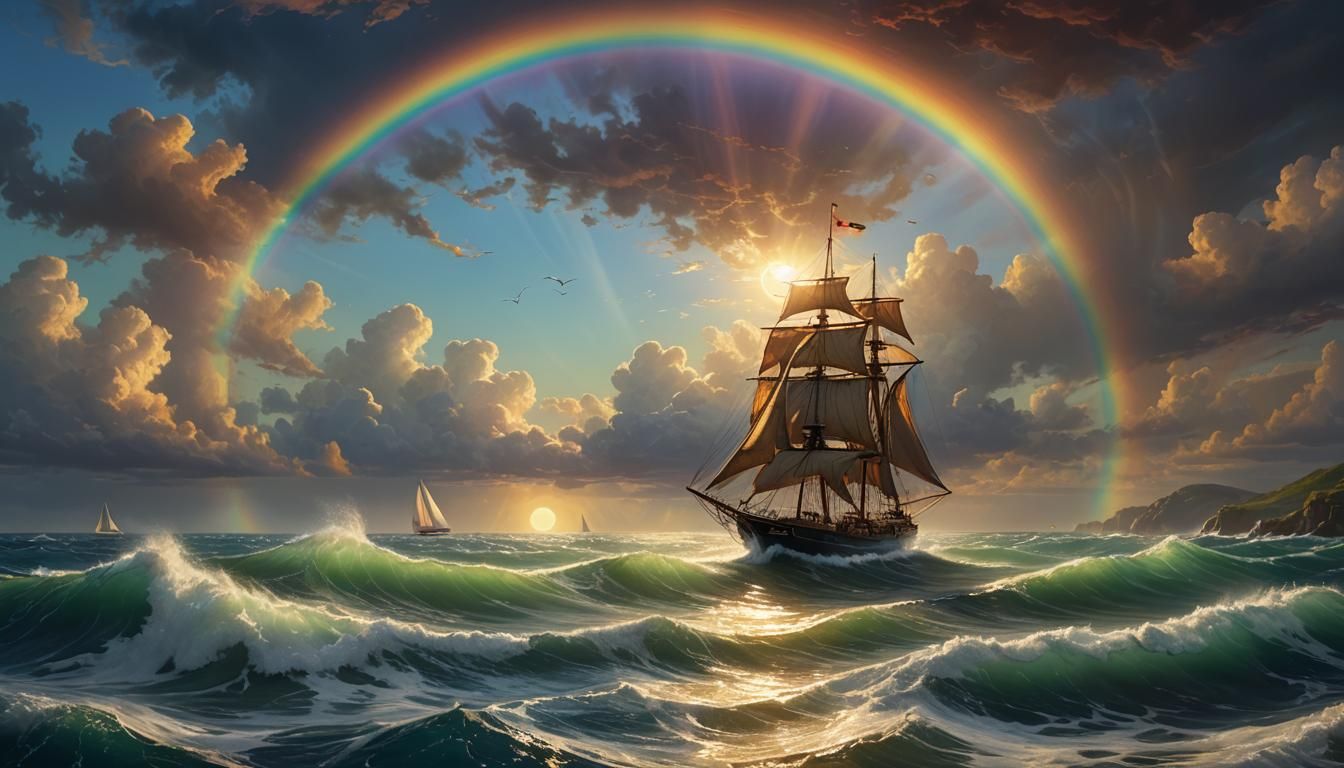 Sailboat in Stormy Seas with Rainbow, as Oil Painting