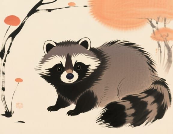 Adorable Tanuki in Japanese Sumi-e Style