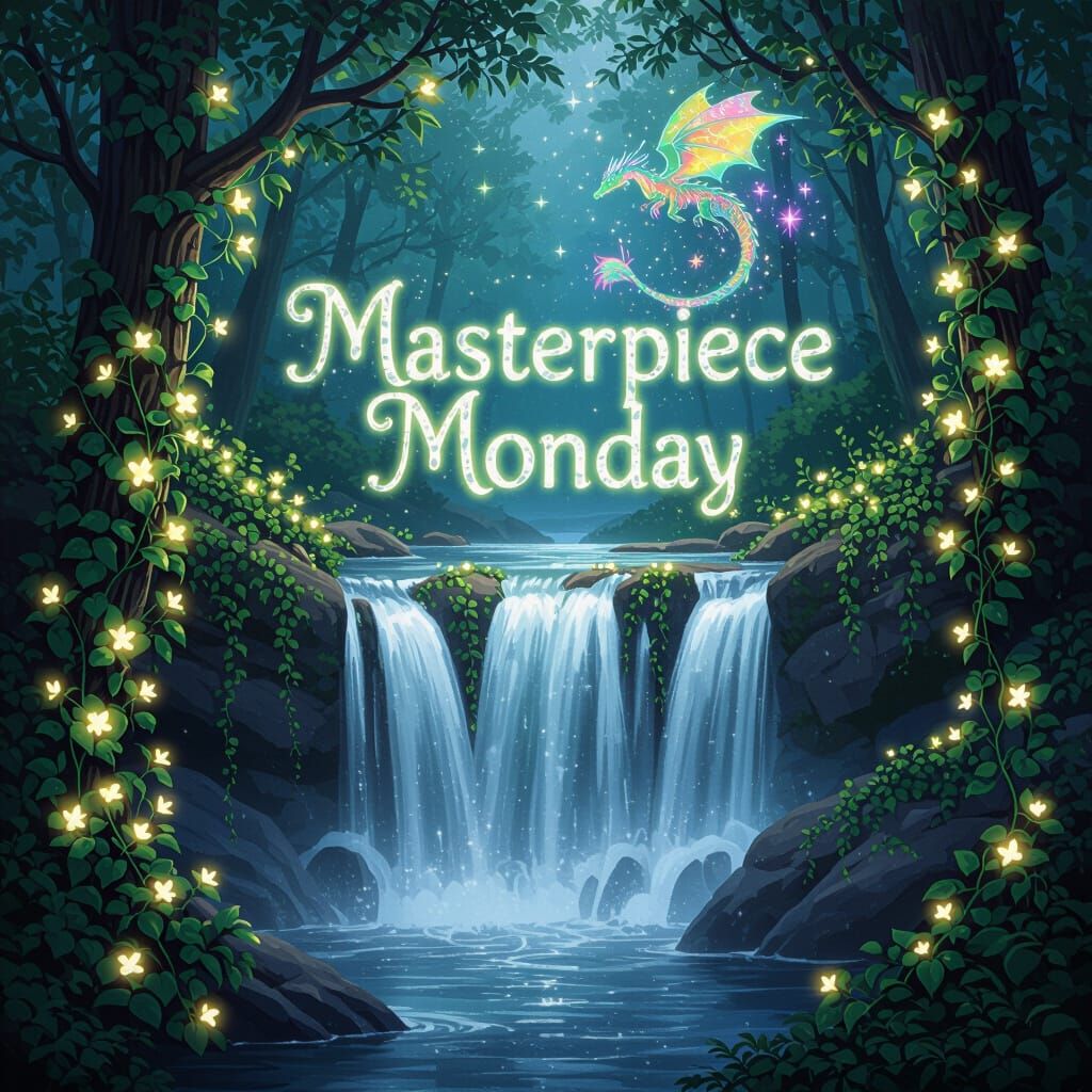 Magical Forest Waterfall with Glowing Flowers and Dragon