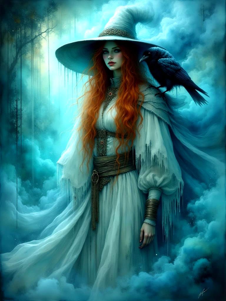 Auburn Haired Witch With Raven in Cyan Mist