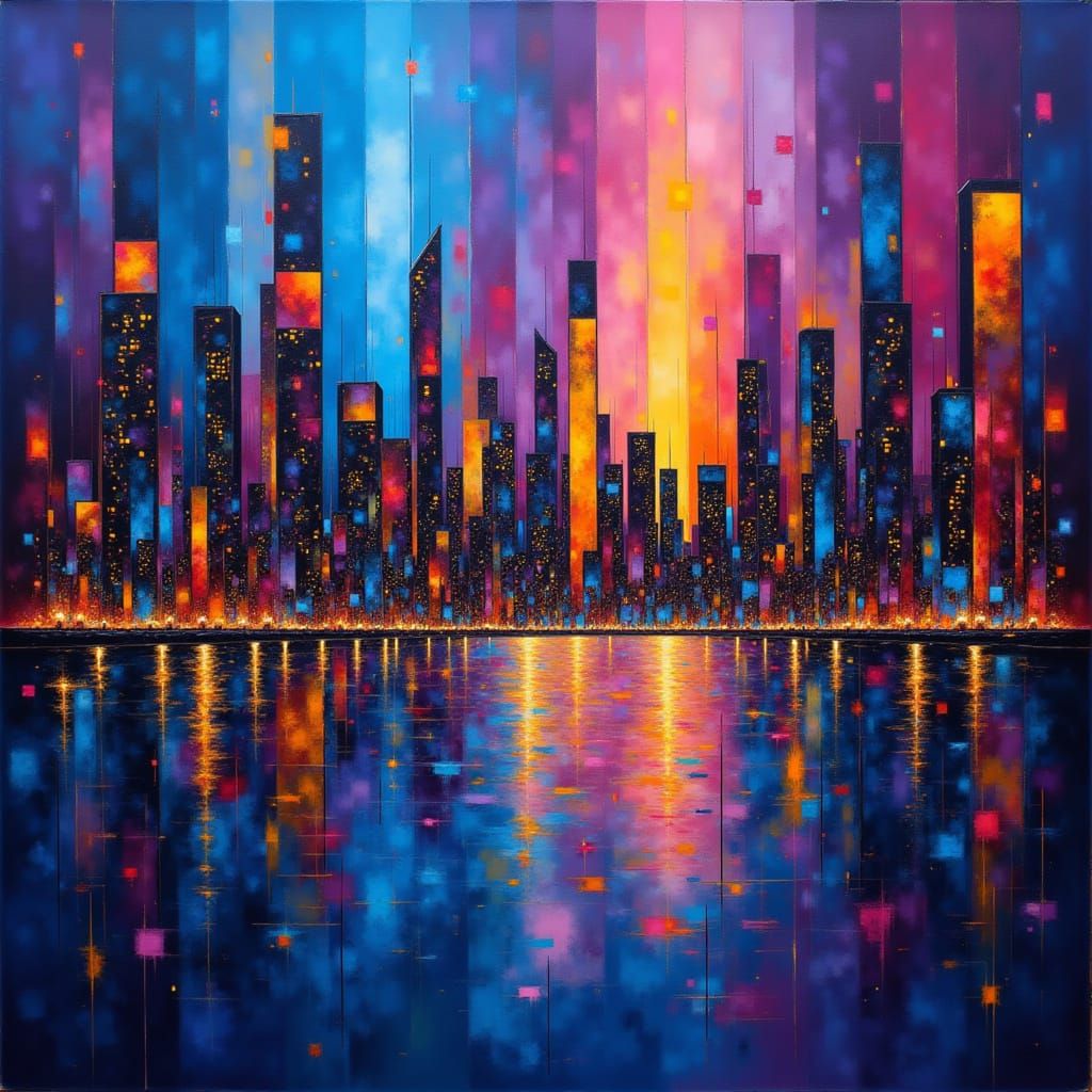 Vibrant Abstract Cityscape Overlooking a Colorful Bay