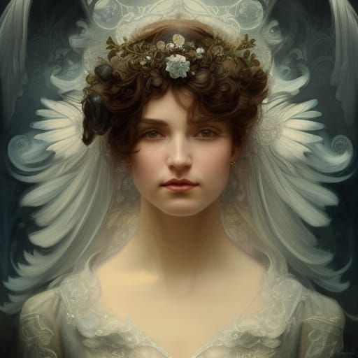Angelic Victorian Portrait with Filigree Clouds