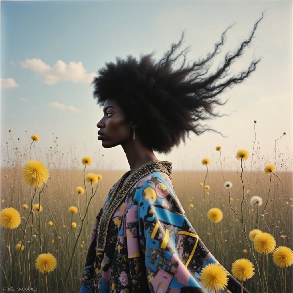 Majestic Woman in Windswept Dandelions, in Cinematic Style