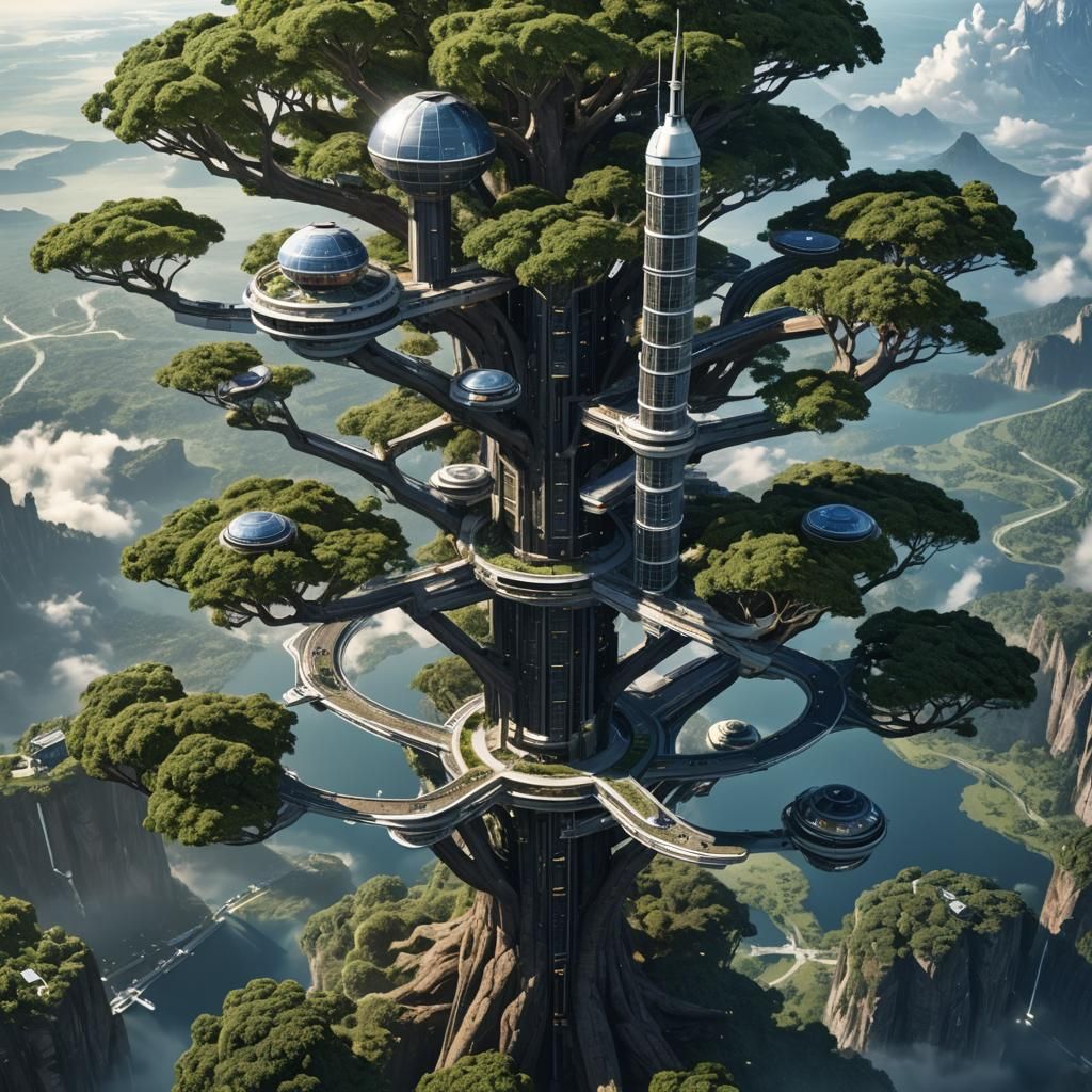 Gigantic Tree Space Elevator with Space Station
