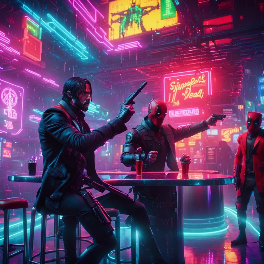 John Wick and Deadpool in Cyberpunk Karaoke Bar
